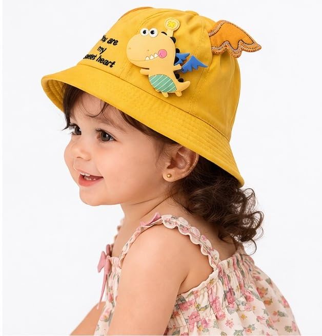 Yanwenx Kids Bucket Hat with Cartoon Patch & Wing Design – Cotton Summer Cap for Boys & Girls (2-5 Years) Breathable Sun Protection Outdoor Hat Yellow 1