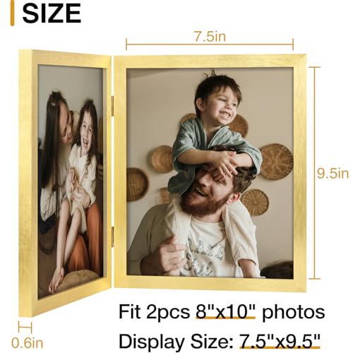 decorUhome Double 8x10 Picture Frame Vertical, Engineered Wood Bifold Photo Frame with Plexiglass for Tabletop Display, 8x10, Gold