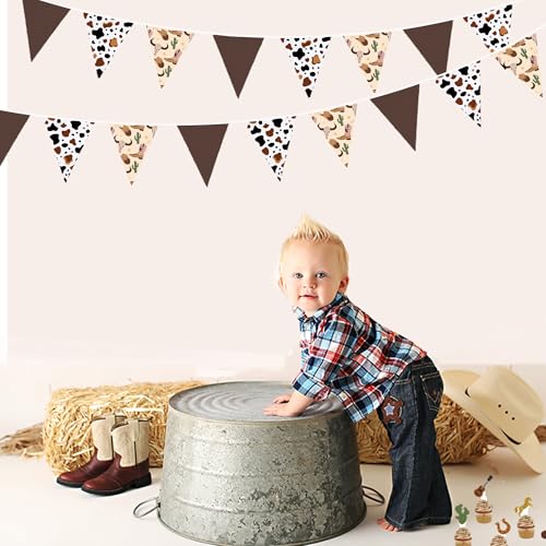 Image of 32Ft Western Cowboy Party Decorations Brown Cow Triangle Flag Fabric Banner Pennant Garland Streamers for Western Cowgirls Birthday Baby Shower Derby Day Yee Haw Farm Cow Wild West Party Decor