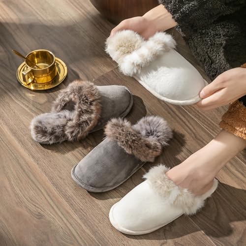 Women's and Men's Artificial Fluffy Slippers, Couple Plush Memory Foam Slippers, Ladies Warm Slip on Slippers with Faux Fur Lining, Winter Non-Slip Indoor House Shoes4