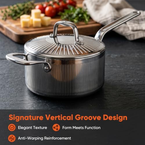 Image of 3 Qt 5-Ply Clad Stainless Steel Saucepan with Lid & Helper Handle