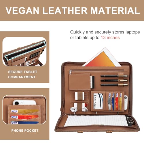 Image of Leathario Portfolio Binder, Includes 5 Folder Index Dividers, 13 Inch Tablets Organizer with Handle, Vegan Leather A4 Padfolio, Multi-Pocket Notepad Business Planner Professional Document