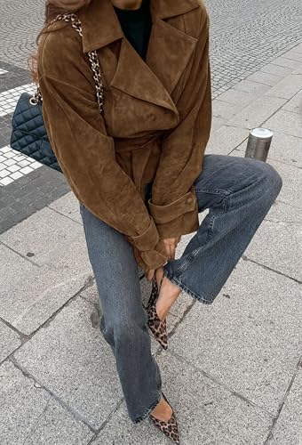 CHARTOU Faux Suede Leather Jacket 2025 Vintage Casual Cropped Wrap Coat with Belt2