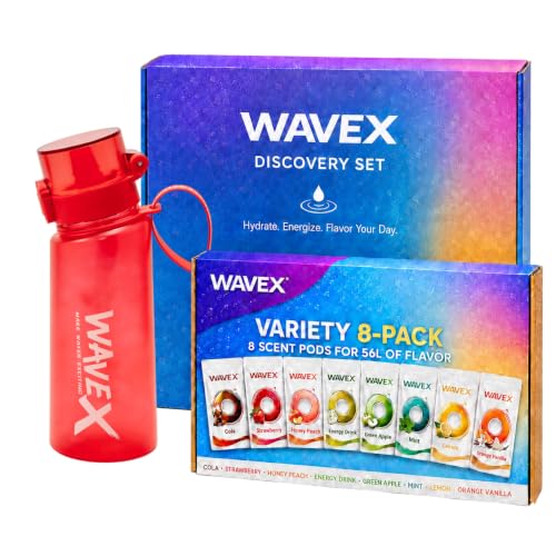 Image of Wavex Scented Water Bottle + 8 Aroma Scent Pods (Cola, Strawberry, Honey Peach, Energy Drink, Green Apple, Mint, Lemon, Orange Vanilla), Flip Top Lid, Straw & Carry Strap Included (Crimson Wave Red)