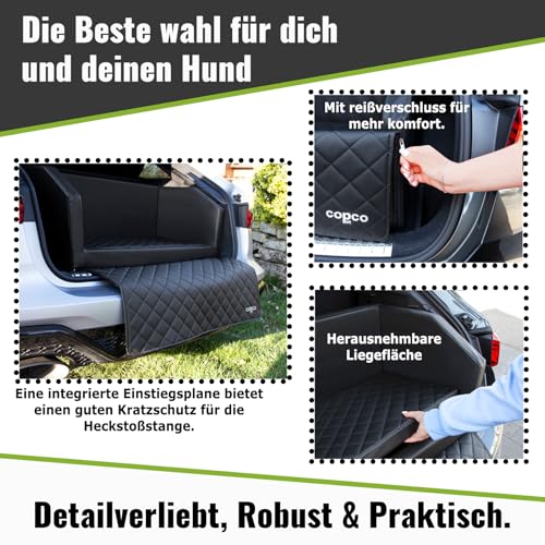CopcoPet - Travel Bed Hundebett für Kofferraum 90x70x38cm Kunstleder - Kofferraumschutz Hund wasserabweisend & Kratzfest - Hundebett Auto rutschfest & robust mit Schutzdecke - Reisebett Hund Schwarz