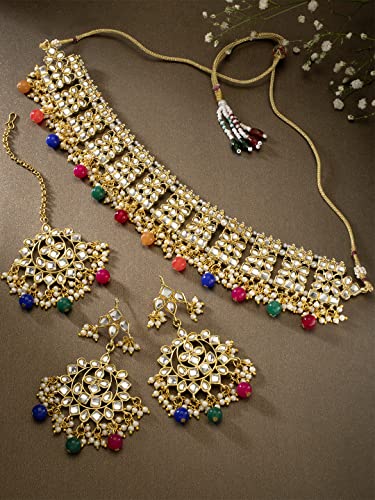 Image of Aheli Elegant Indian Faux Kundan Studded Choker Necklace with Maang Tikka Set Ethnic Wedding Wear Bharatanatyam jewellery set Gift for Women