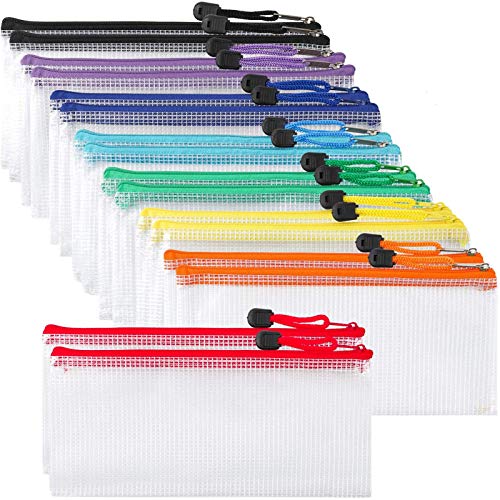 JPSOR 16pcs Zipper Clear Pencil Pouch Plastic Zipper File Bags 8 Colors for Cosmetics, Bills, Stationery and Travel Storage 9.25×4.53 Inches