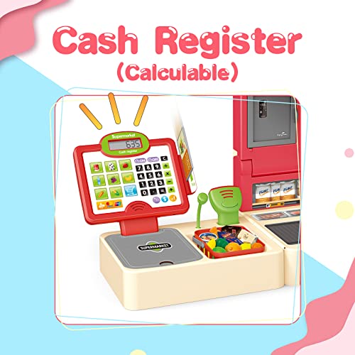 RedCrab Spielzeug Kasse Kinder, Supermarktkasse Spielkasse Rollenspielzeug Kasse mit Rechnerfunktion, Scanner und Lebensmittel, Faltbar Kasse Spielset für Kinder ab 3 Jahre Mädchen und Jungen(Rot) – Bild 3