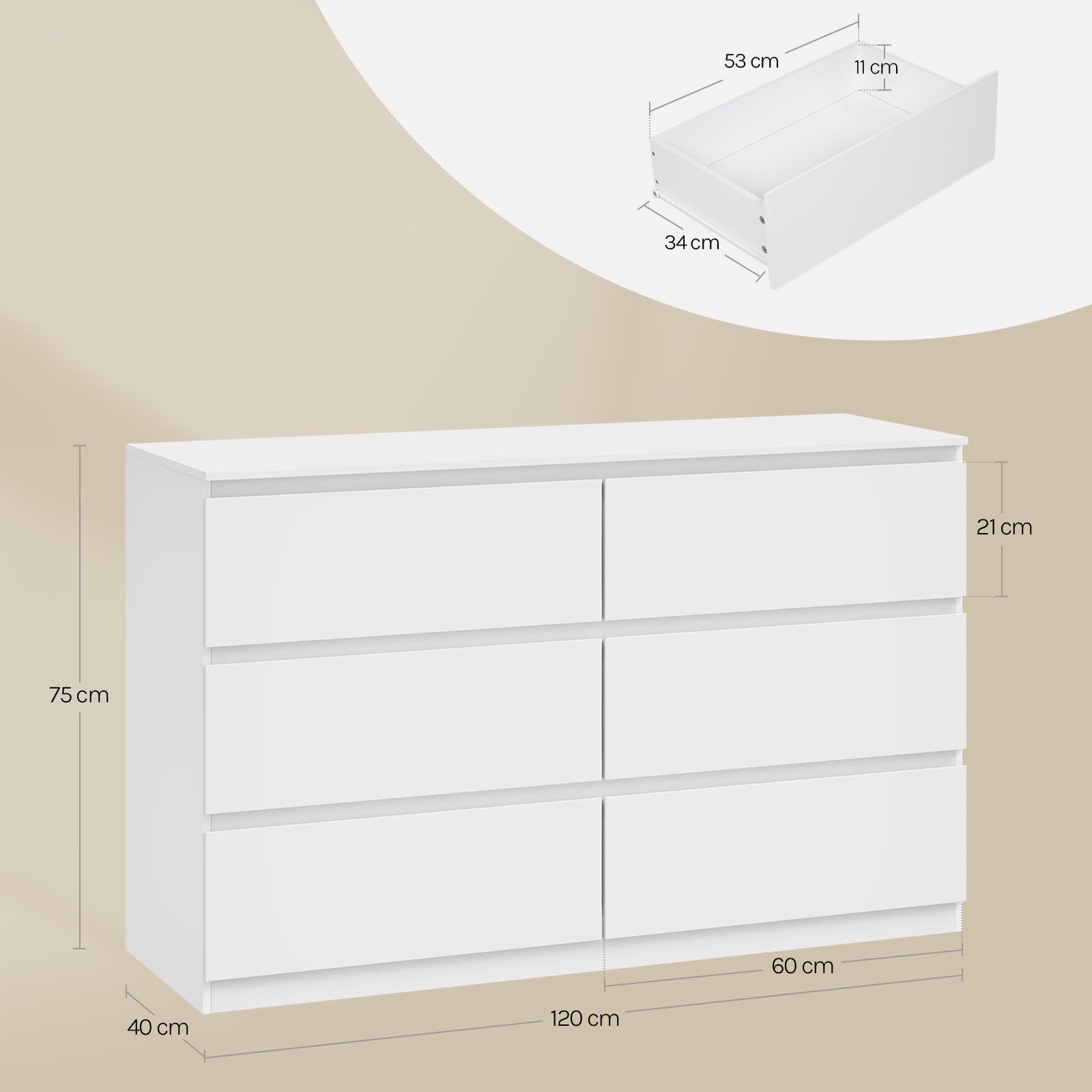 WOLTU Commode Chambre, Meuble de Rangement, avec 6 Tiroirs, pour Salon, Entrée, Style Moderne, en Bois d'Ingénierie, 120x40x75 cm, Blanc