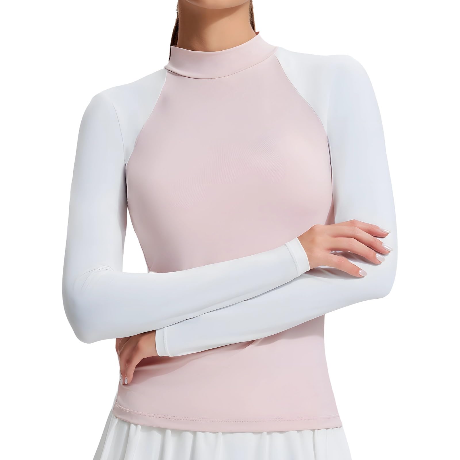 Generisch Tennisrock-Set für Damen, zweiteiliges Sport-Outfit, Kontrast-Top mit halbem Rollkragen und Langen Ärmeln, Faltenrock, vielseitig, weiche elastische Nylon-Spandex-Mischung