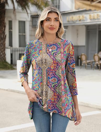 LOMON 3/4 Sleeve Tunic Tops for Women Loose Fit Dressy Casual Blouse Flowy Shirts to Wear with Leggings S-3XL
