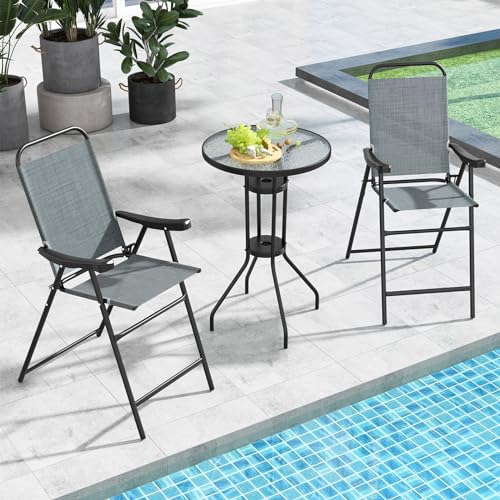 Image of COSTWAY 2 Pieces Patio Folding Bar Chairs with Metal Frame, Footrest, Arms