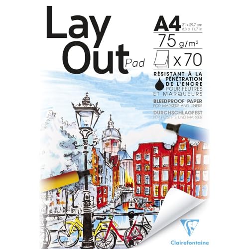 Clairefontaine 96533C Bloc Encollé Papier Layout - 70 Feuilles Papier Blanc Uni Extra Lisse A4 21x29,7 cm 75g - Papier Idéal pour le Dessin au Feutre à Alcool
