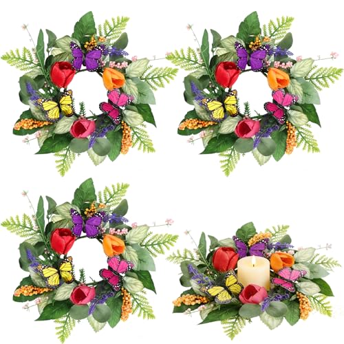 Image of 4 PCS Summer Lavender Tulips Candle Rings Wreaths Artificial Floral Pillar Candle Holder Wreaths with Butterfly Mini Spring Summer Candle Rings for Table Centerpiece Home Farmhouse Cabinet Porch Decor