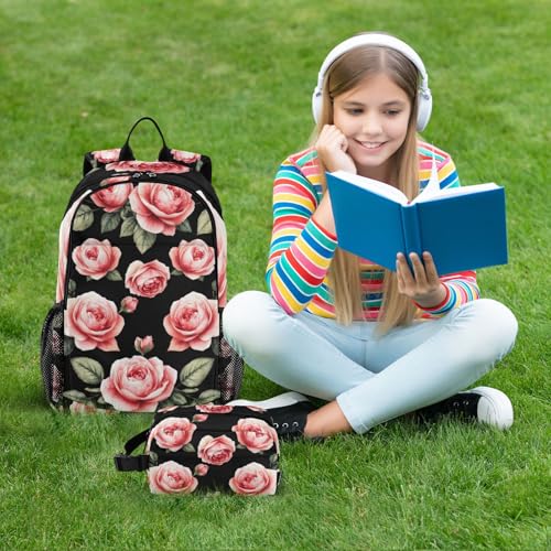 Backpack Watercolor Roses Black for School Boys Girls and Teens, Backpack for Men and Women, Lightweight Bookbag with Lunch Box Travel Laptop Daypack 18.5 x 11.8 In2