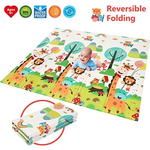 Foldable Play Mat |【Easy to Clean, Fold Up】Non- BPA Non-Toxic Foam Baby Playmat 79“ x 71inchx 0.6” Thick Extra Large Reversible Crawling Mat Portable Toddlers Kids (Cute Giraff)