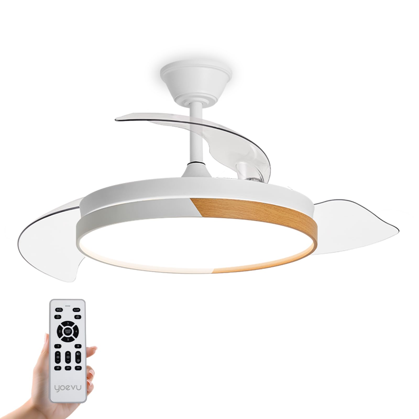 NATURE WHITE - Ventilador de Techo con luz | 72 W | Motor DC | Luz LED Regulable | Aspas Retráctiles | Función Invierno/Verano, Sin WiFi, Blanco y Madera, ABS