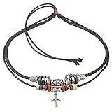 Boho Layered Leather and Hemp Cord Necklace with Cross Pendant – Adjustable Double Strand Choker Jewelry for Men and Women, 15 Inches