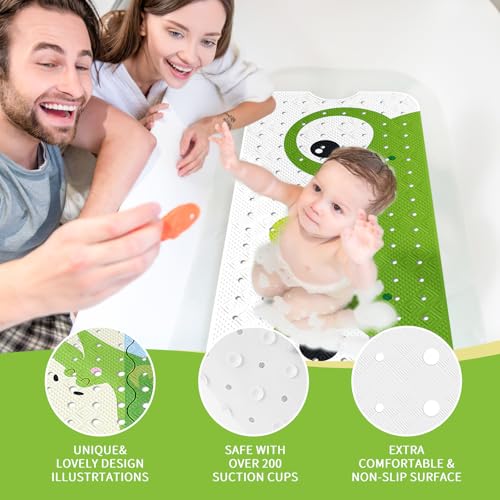 Image of PRATIQUE Kids Bath Mat for Tub Non Slip,40 X 16 Inch Extra Long Kids Bathtub Mat Frog Bathtub Shower Mat Safety Anti Slip with Suction Cups and Drain Holes, Machine Washable