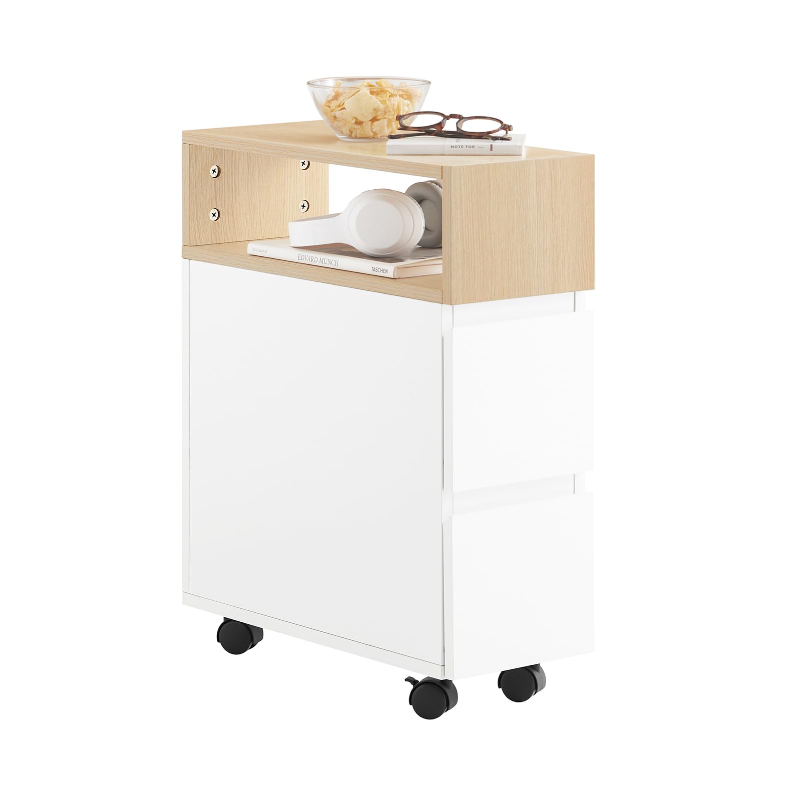 SoBuy Mesita Auxiliar Estrecha con Ruedas y 2 Cajones - Mesita de Noche Móvil para Dormitorio/Salón, Mueble con Ruedas Blanco Natural 50x20x61cm FBT155-WN