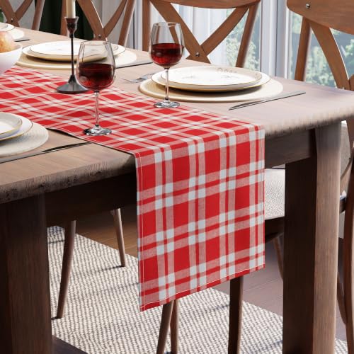 Image of Encasa XO Cotton Table Runner for 4 to 6 Seater | Size 13x72 in | Franca Red Checks - Machine Washable & Durable