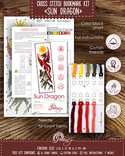 Image of Povitrulya Sun Dragon Mini Counted Cross Stitch Kit - Professional Artist Pattern - Small Bookmark Embroidery Set for Adults - High Definition 16 Count Aida - Frustration-Free Stitching (No Confetti)