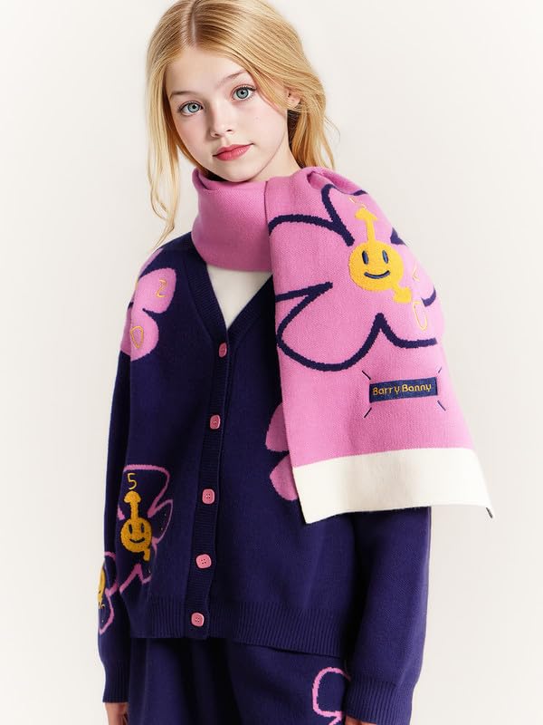 Girls Purple Black Knit Cardigan Long Sleeve with Smiley Flowers & Pink Buttons Sweater for Girls 6-16Y3