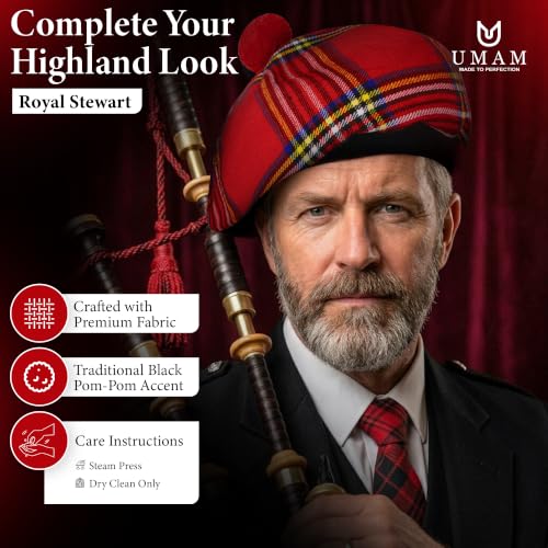 Image of Scottish Tam O' Shanter Hat Tartan Bonnet Pom Pom Wool Flat Cap One Size