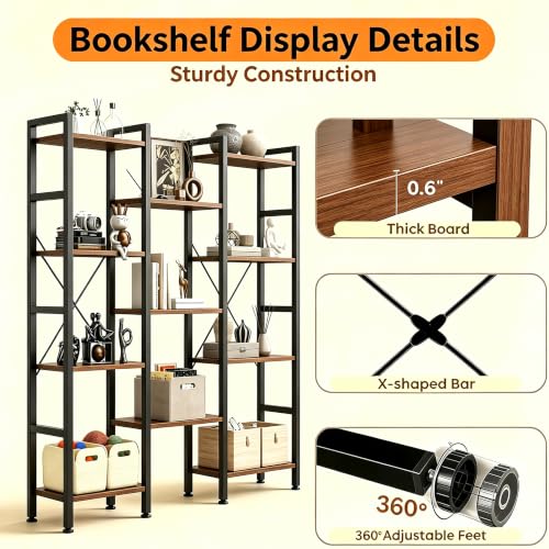 Image of HealSmart Triple Column 4 Tier Bookshelf, Industrial Bookcase with 11 Open Display Adjustable Shelves, Wide Convertible Display Modern Bookshelf for Living Room & Home Office, Brown