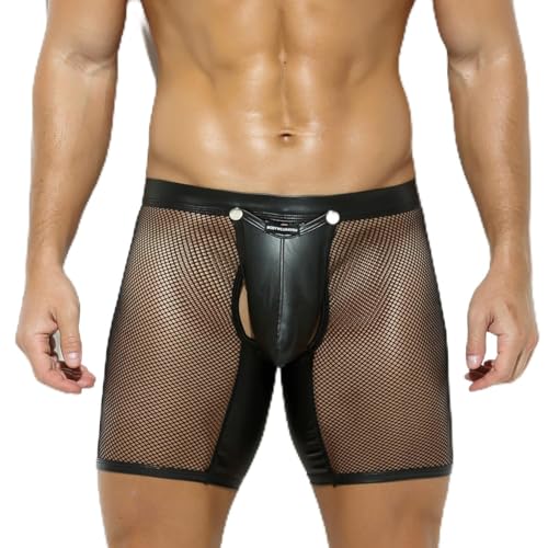 Bodywear4you Herren Leder Boxershorts aus Kunstleder & Netz Unterwäsche mit abnehmbarem Codpiece Beutel Enge Mesh Clubwear Shorts für Männer in Schwarz für Party & besondere Anlässe (M Schwarz)