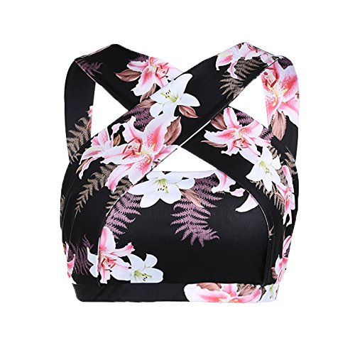 kati-way Brassière Femme Sport, Soutien Gorge Jolie Imprimée Noir Elastique Bretelle Croisée avec Coussinet Amovible Lavable(M)