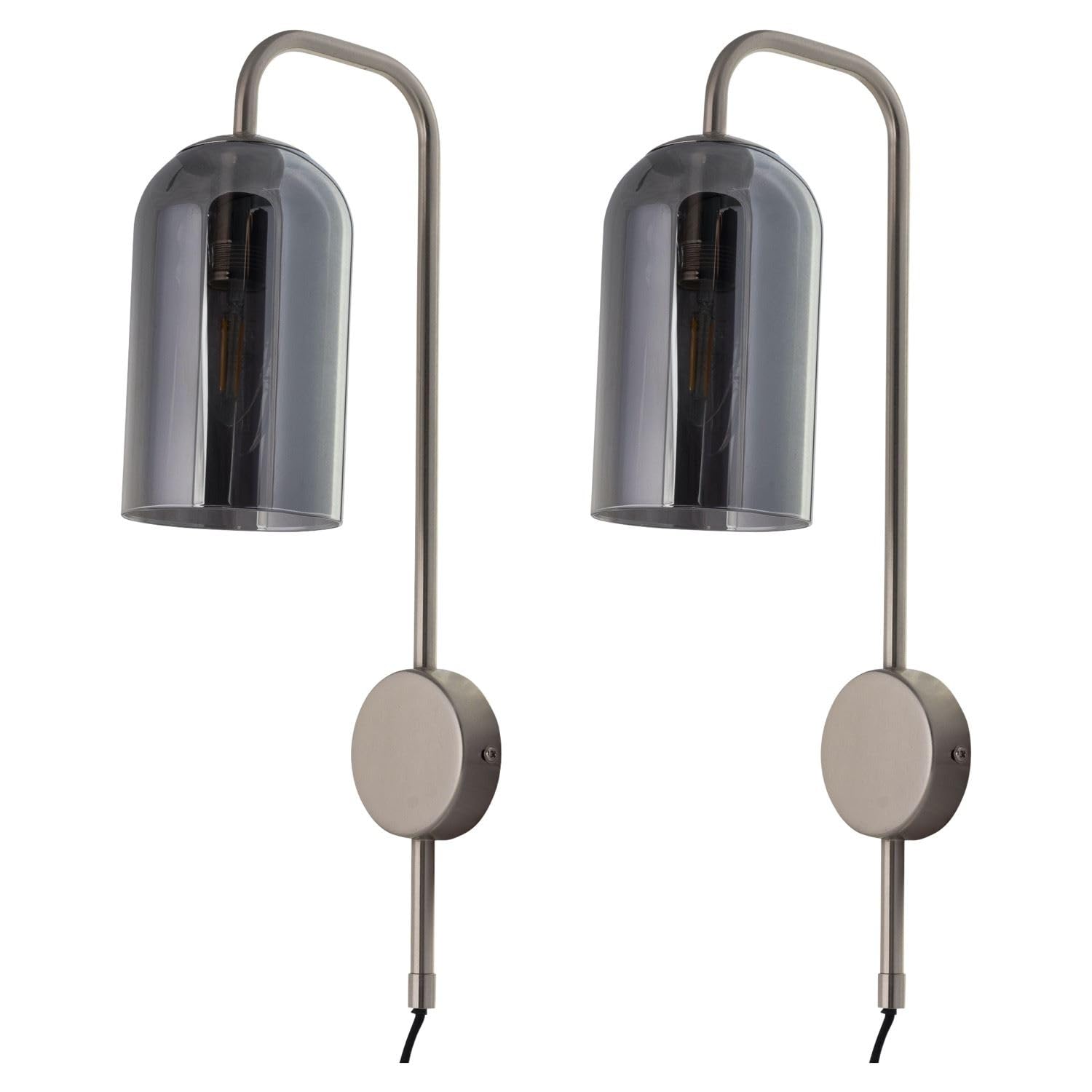 Firstchoicelighting Satin Nickel & Smoke Set Of 2 Satin Nickel With Glass Shade Plug In Wall Lights, Bedside Lamp, Black Cable And Switch, Led Compatible, Height 45Cm