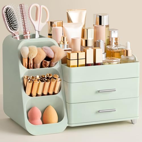 Image of HBlife Makeup Organizer with Brush Holder for Vanity, Large Plastic Bathroom Countertop Organizer Skin Care Storage, Easy to Store Lipsticks, Nail Polishes, Perfumes, Eyeshadow Palettes, All Green