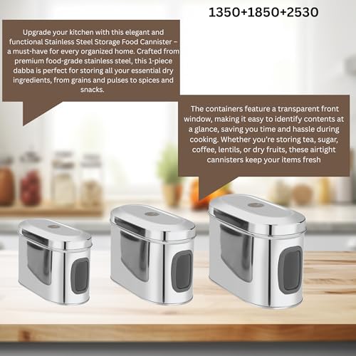 Image of Stainless Steel Capsule Food Canisters /Jars /Containers for Kitchen Storage with See Through Window - set of 3, 1350 /1850 /2350 ml capacity, Silver