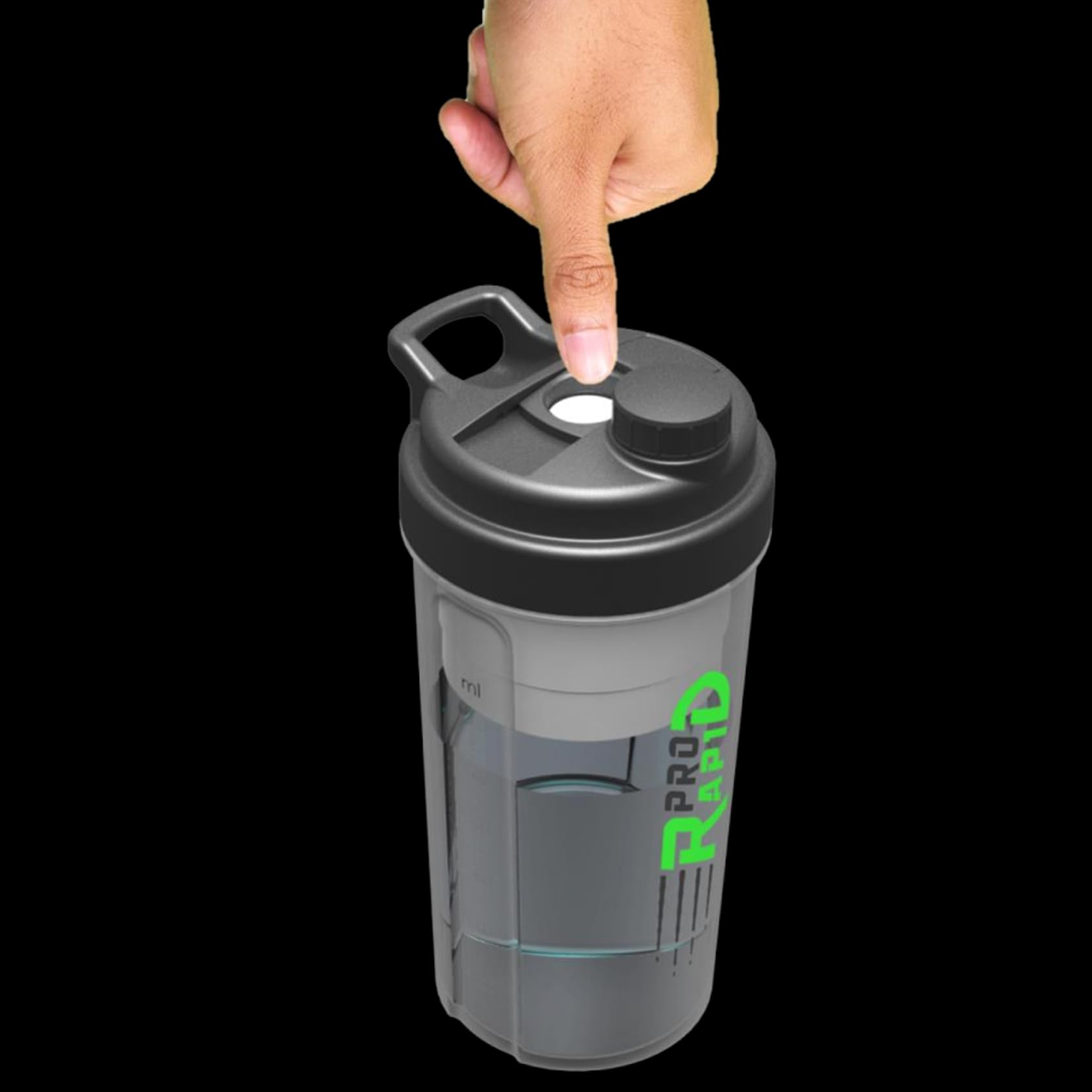 Pro Rapid Black Protein Shaker Bottle | 600Ml Shaker Bottle | Protein Shake Bottle With Push-Button Powder Mixing Compartment | Clump-Free Shaker For Protein Shakes & Hydration | Bpa Free & Dishwasher Safe