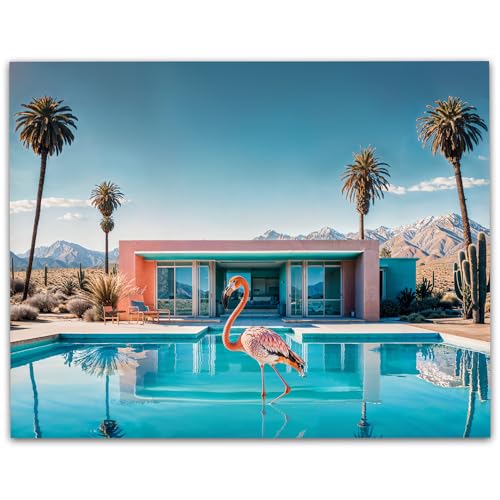 Flamingo House Mid-Century Modern 11x14 Unframed Poster - Retro Desert Landscape Art, Flamingo Poolside Decor, Palm Tree Cactus, Architecture Wall Art, Tropical Wildlife For Living Room, Vacation Home