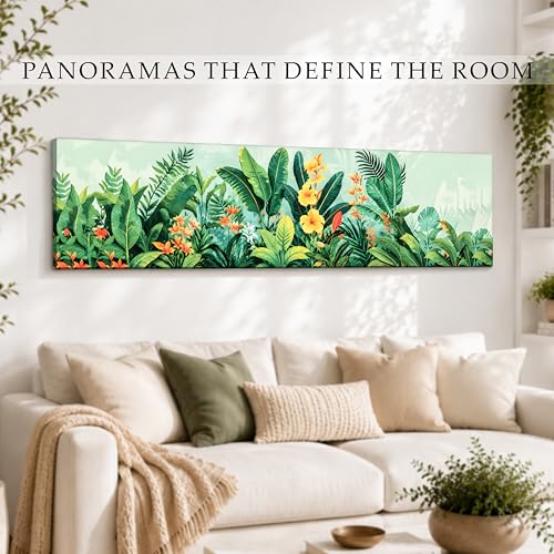 Image of Tropical Botanical Stretched Canvas Wall Art Painting for Living Room, Horizontal Jungle Canvas Wall Decor For Livingroom, Bedroom, Office, Hallway's, Hotel 12x46 Inch