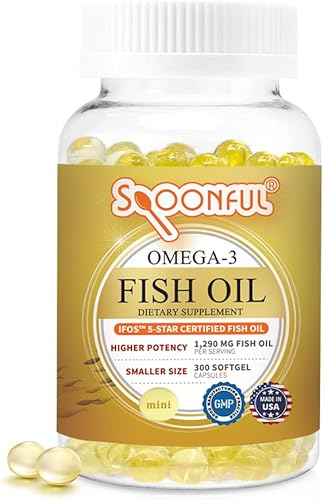 Spoonful Aceite de pescado Mini Omega 3 1290 mg por porción 300 cápsulas blandas de perlas tamaño pequeño fácil de tragar para mujeres y mayores