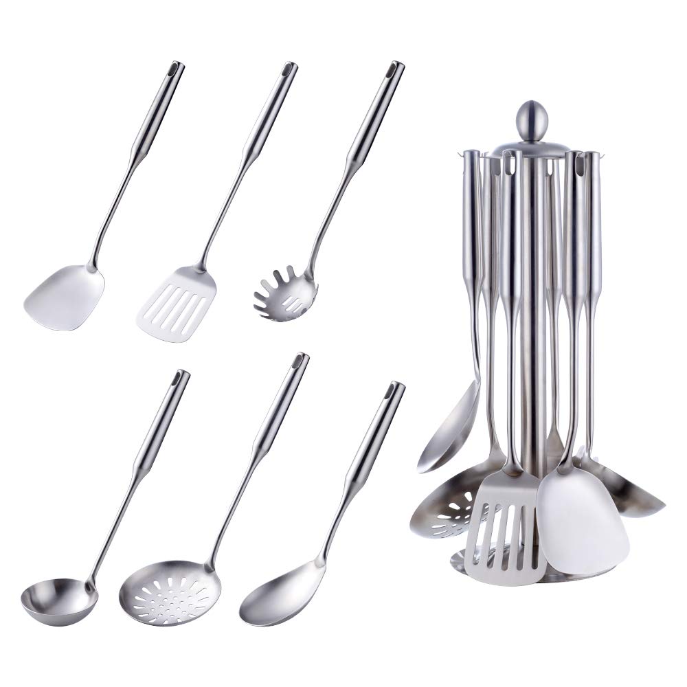 Ustensiles de cuisine 6 pièces acier inoxydable Écumoire Louche Spatule de Cuisine Tourneur à fente Riz Pasta Server avec support