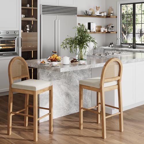 Image of Nathan James Bailey 29 in. Boucle Bar Stool with Back, Bar Height Chair with Natural Woven Rattan Back and Solid Wood Legs, Light Brown