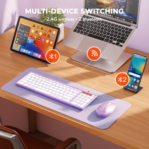 Image of MEETION Foldable Bluetooth Keyboard and Mouse, Portable Combo Purple | Slim foldable keyboard and mouse set with a soft travel pouch, rechargeable and multi-device connection for work on the go