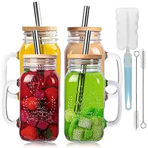Yirilan 4 Pack 24Oz Mason jar cups with lids and straws, Mason Jars with Handle, Mason Jar Drinking Glasses with Lid and Straw, Mason Jar Mugs