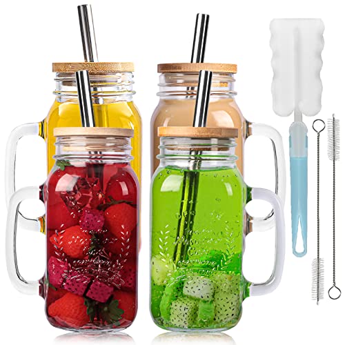 Yirilan 4 Pack 24Oz Mason Jar Cups, Mason Jars with Handle, Mason Jar Drinking Glasses, Mason Jar with Lid and Straw, Mason Jar Mugs