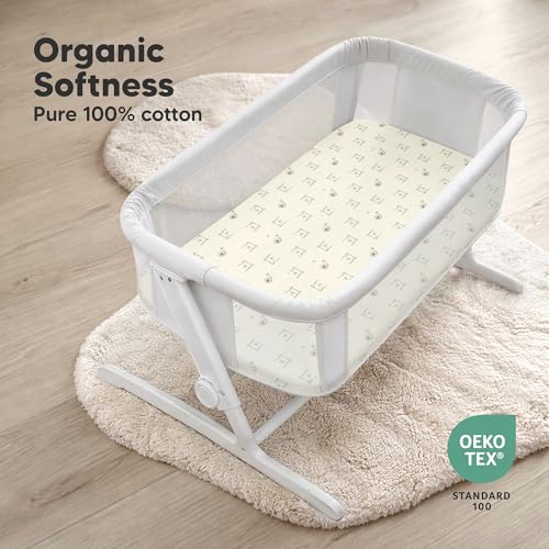 Image of 2pk Organic Bassinet Sheets, Compatible with Baby Delight (Bumble Bear) | 100% Cotton Bassinet Sheets for Boys, Girls, 32 x 21 Rectangle Baby Bassinet Mattress Sheets, Soft Breathable Bedside Cover