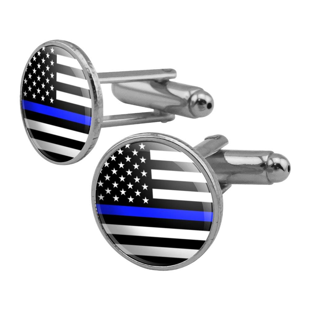 GRAPHICS & MOREThin Blue Line American Flag Round Cufflink Set Silver Color