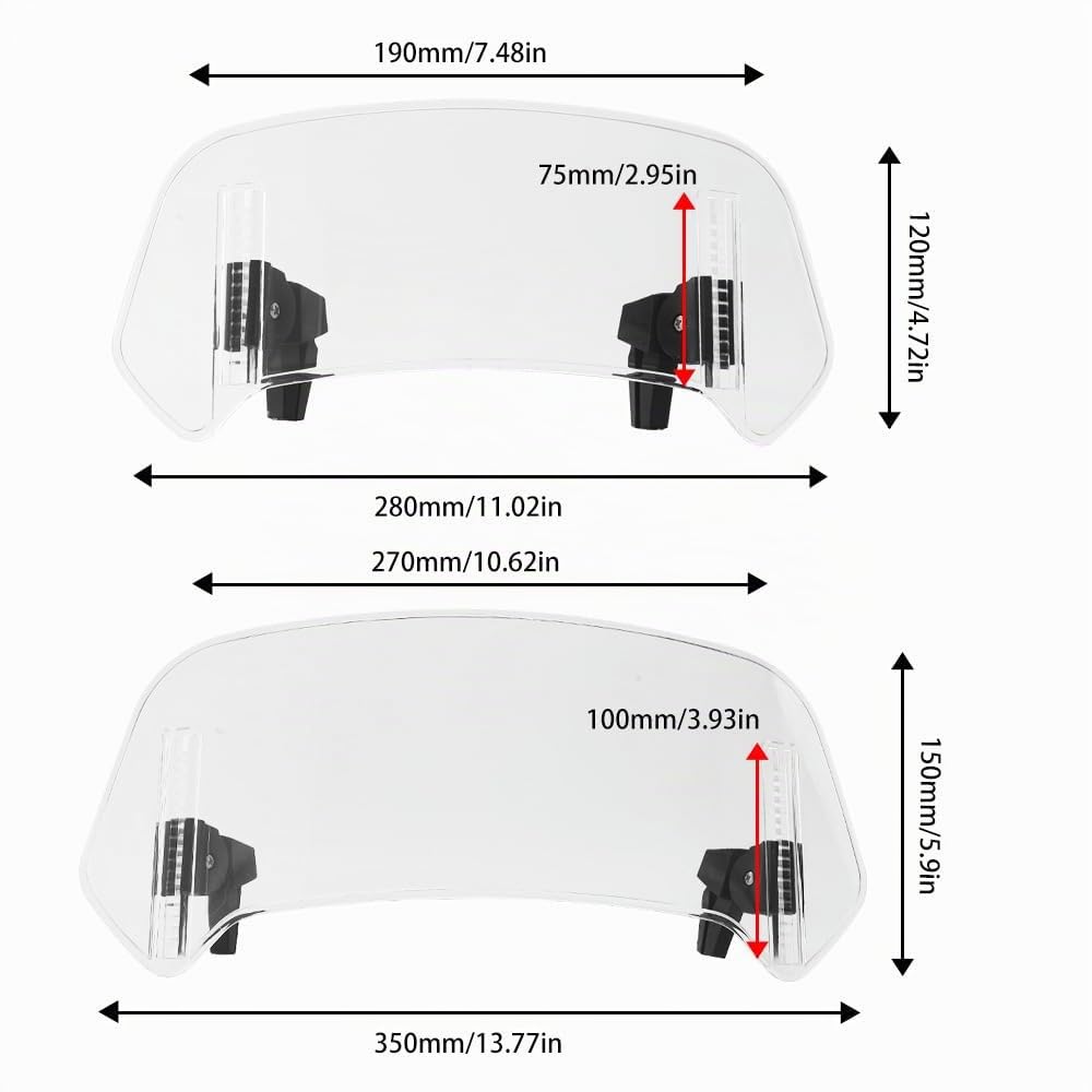Estensione Parabrezza Moto Universale Deflettore Regolabile Clip-on Protezione Vento per Dirt Bike e Moto con Parabrezza 2 Misure Disponibili
