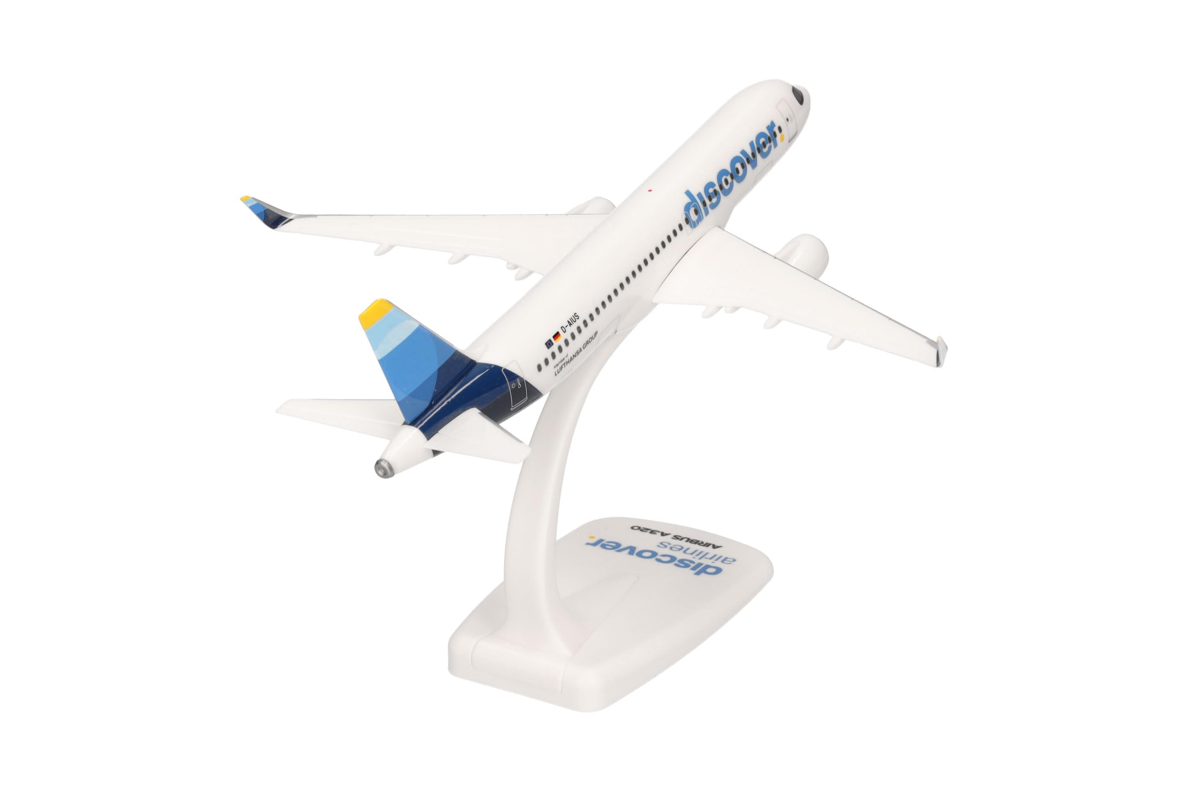 Herpa modello aereo Snap-Fit Airbus A320 Discover Airlines, miniatura in scala 1:200, pezzo da collezione, con supporto, plastica.