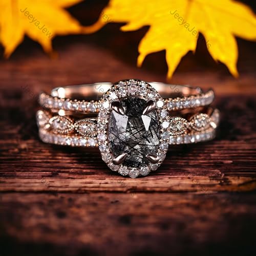 Vintage Black Rutilated Quartz Wedding Ring Set Solid Rose Gold Diamond Halo Engagement Gift Enhancer Valentine Proposal Ring Solitaire Bridal Statement Ring2