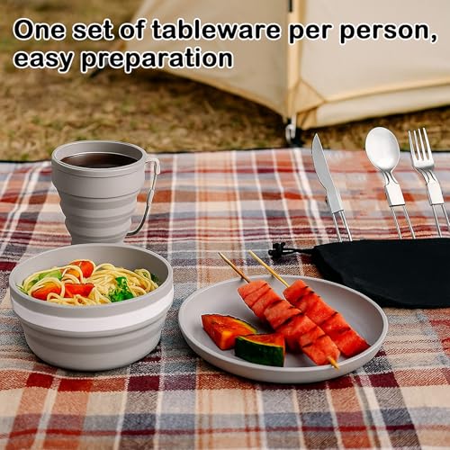 6-teiliges Camping Geschirrset faltbar mit Edelstahl-Besteck (Messer, Löffel, Gabel), Becher, Schüssel, Teller & Netzbeutel – perfekt für Reisen, Camping, Picknick & Outdoor-Aktivitäten