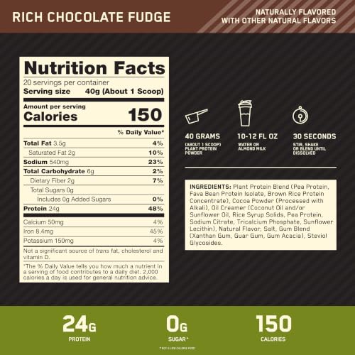 Optimum Nutrition Gold Standard 100% Plant Based Protein Powder, Gluten Free, Vegan Protein for Muscle Support and Recovery with Amino Acids - Rich Chocolate Fudge, 20 Servings (Packaging May Vary) - image 3